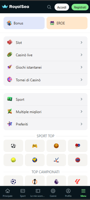 Royalsea app navigation page