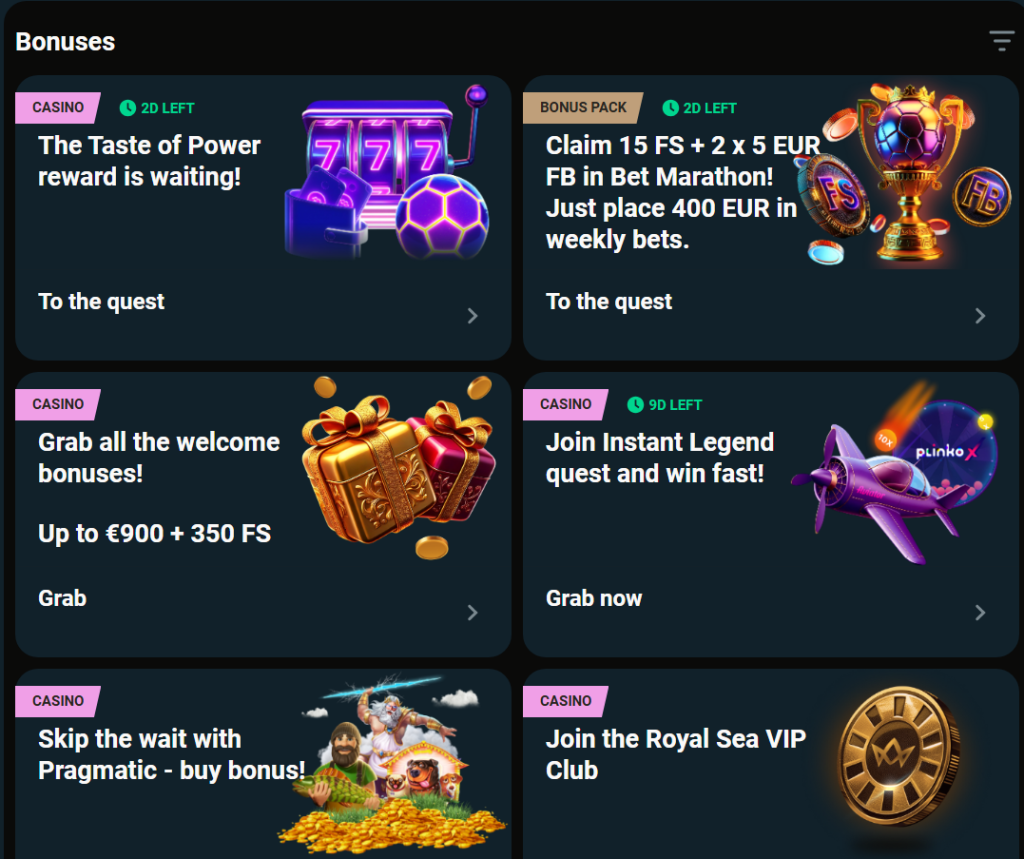Royalsea casino bonus menu